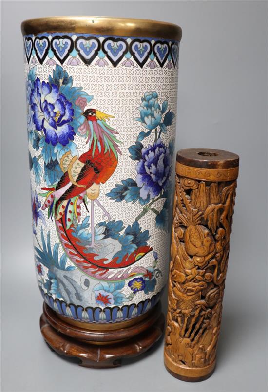 A Chinese bamboo incense stick holder, height 28cm and a Chinese cloisonne enamel vase, height 41cm